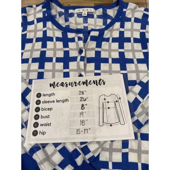 Cabi Blue Grey Plaid Cardigan Sweater Size Large Frame Pattern Preppy Academia - Picture 7 of 7